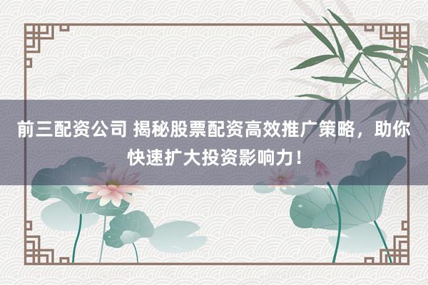 前三配资公司 揭秘股票配资高效推广策略，助你快速扩大投资影响力！
